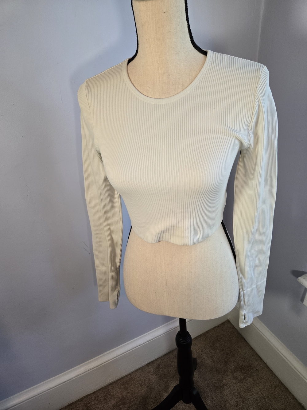 Spiritual Gangster Serene Twist Back Long Sleeve Crop Top M/L Ivory Ribbed Yoga